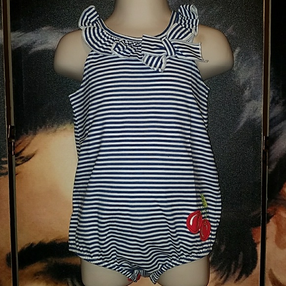 RockABilly Girl Blue Stripe Romper w Cherry Bottom - Picture 4 of 8